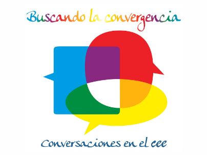 Logo de "Buscando la convergencia. Conversaciones en el CEE" que está formado por tres formas diferentes entrelazadas y cada una de un color.