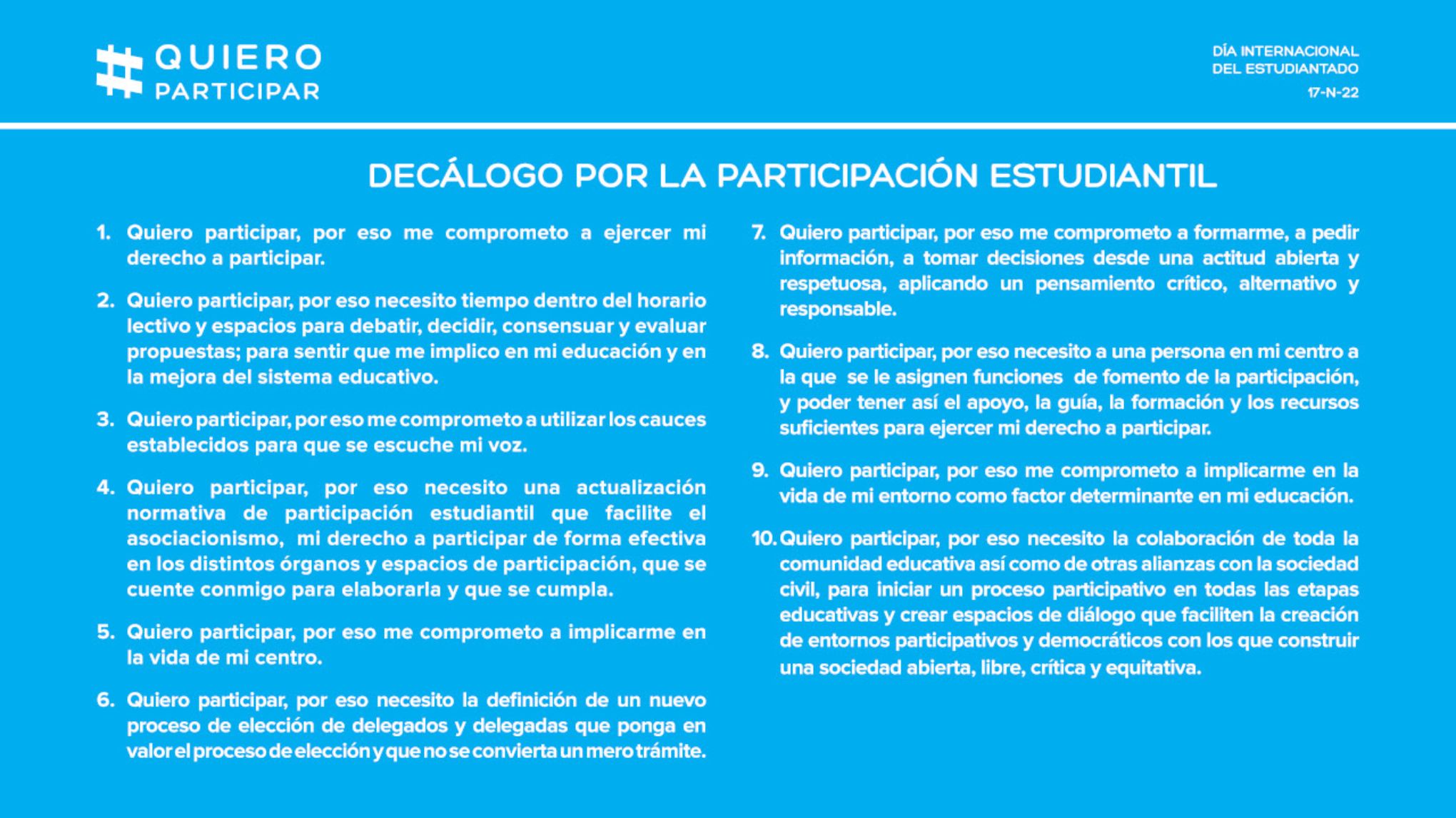 Texto con el decálogo de la participación del alumnado