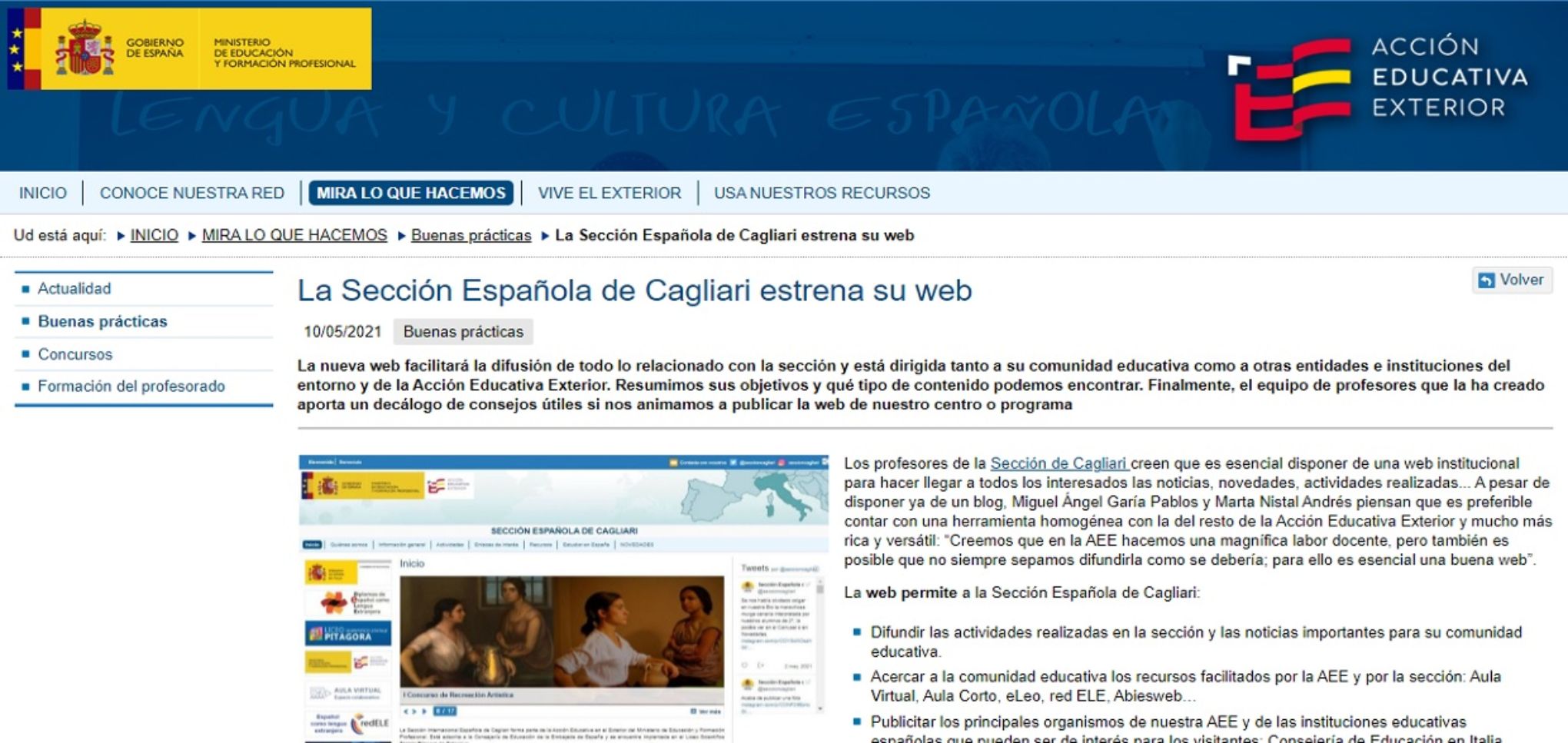 Página web Acción Exterior Buenas Prácticas Sección Española de Cagliari