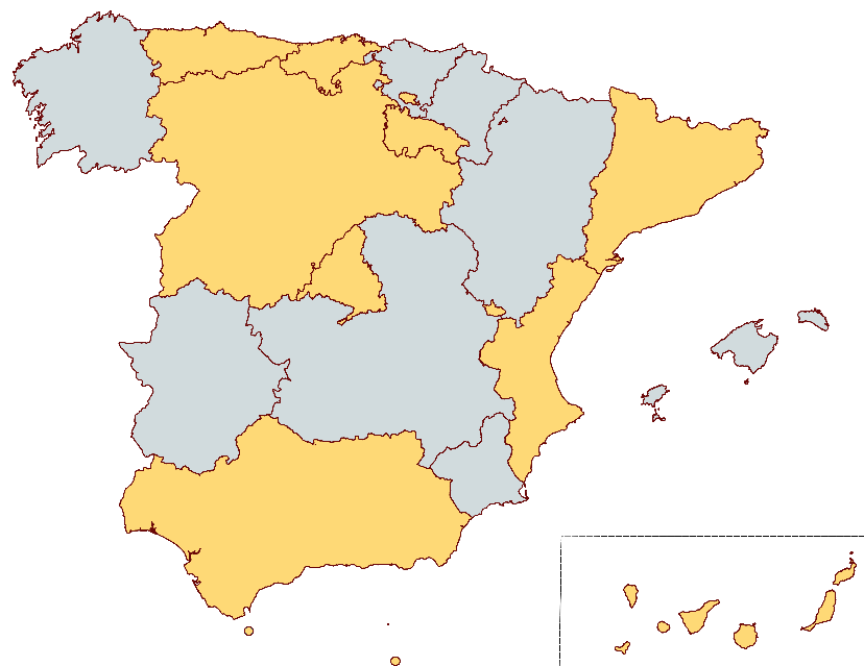 Mapa de comunidades y ciudades autónomas españolas que ampliaron su muestra en ICILS 2023