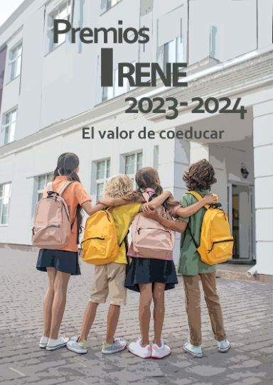 Portada de Premios Irene 2023.2024  con ilustraciones de niños con mochilas a la puerta de un colegio