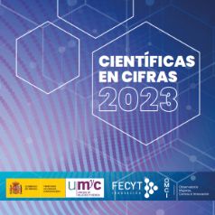 Imagen en tonos azules de la portada del informe científicas en cifras 2023