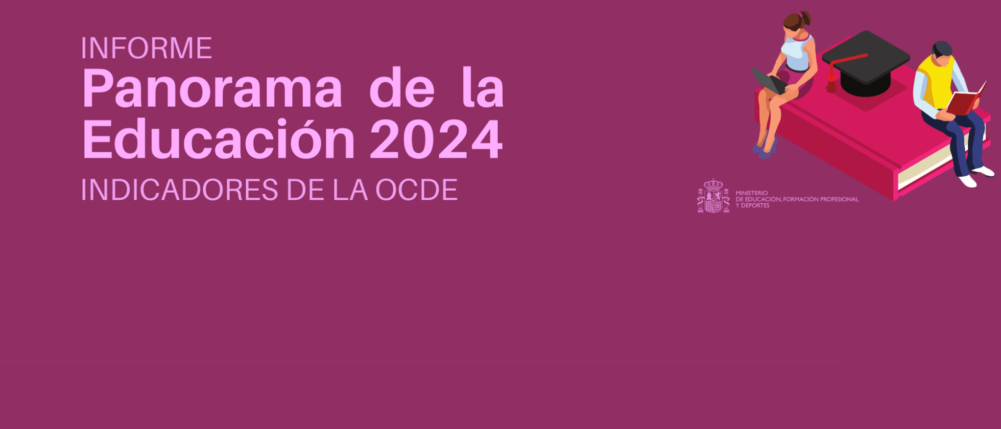 Título de informe sobre fondo morado con ilustración de dos estudiantes sentados en un libro